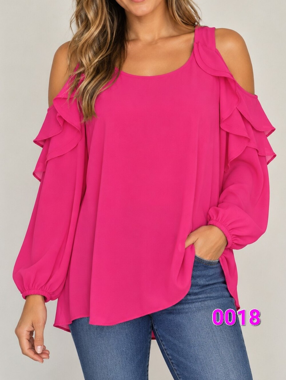 Umgee Hot Pink Cold-Shoulder Ruffle Sleeve Blouse Size Medium